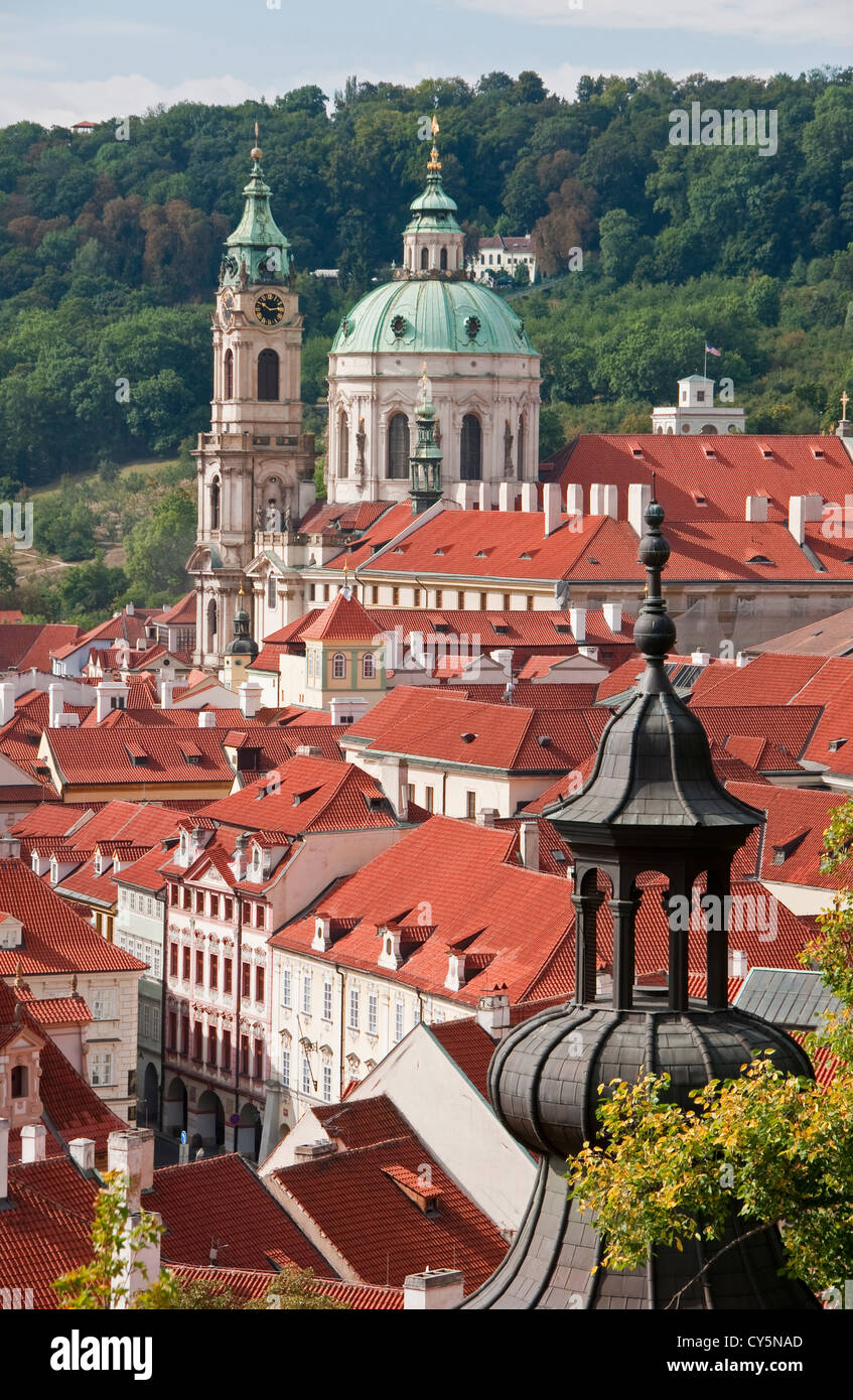 Rooftops of Prague's Lesser Town (Mala Strana) looking toward dome of St. Nicholas Cathedral Stock Photo