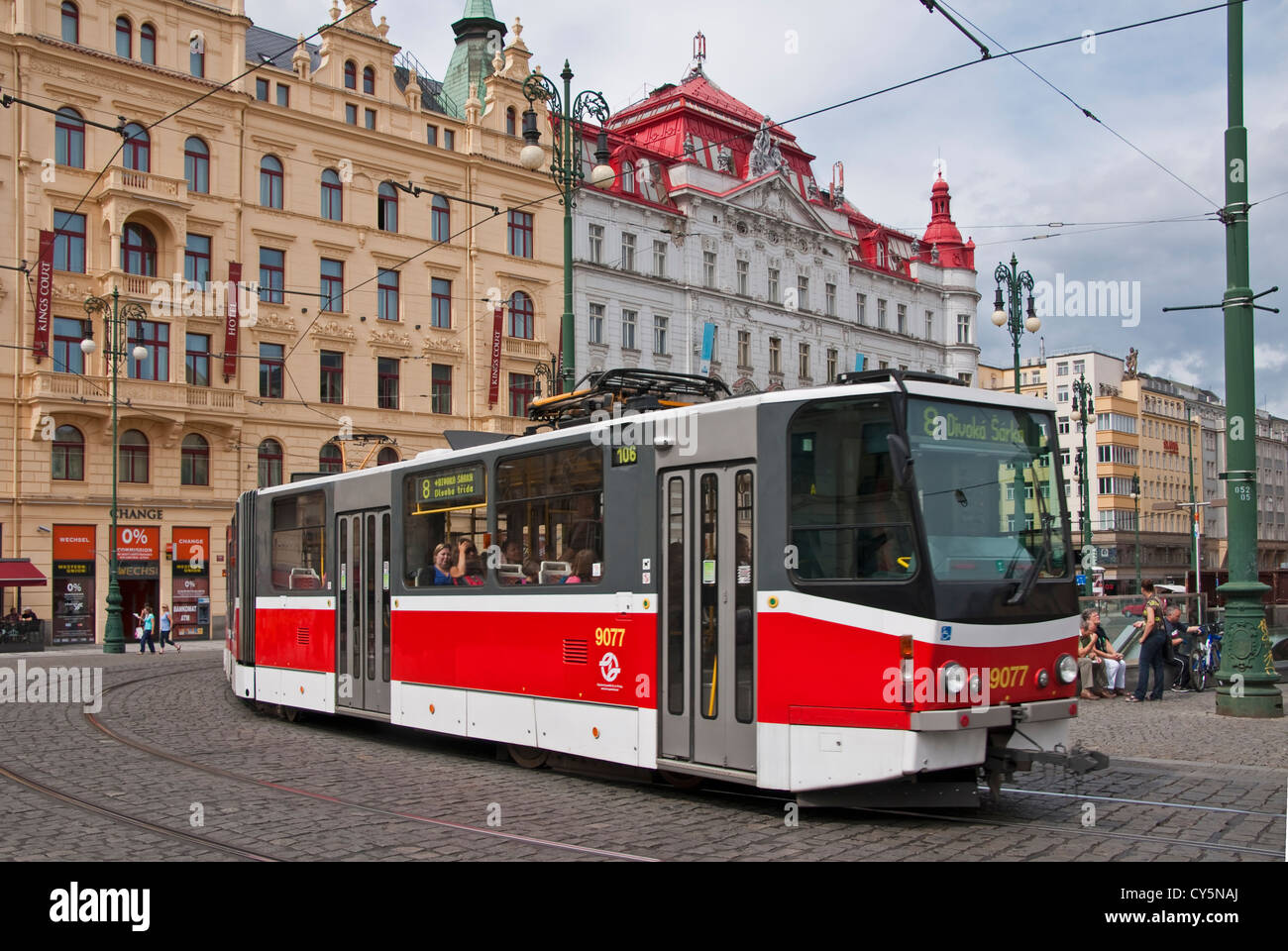 Modern Prague tram in Old Town Stock Photo