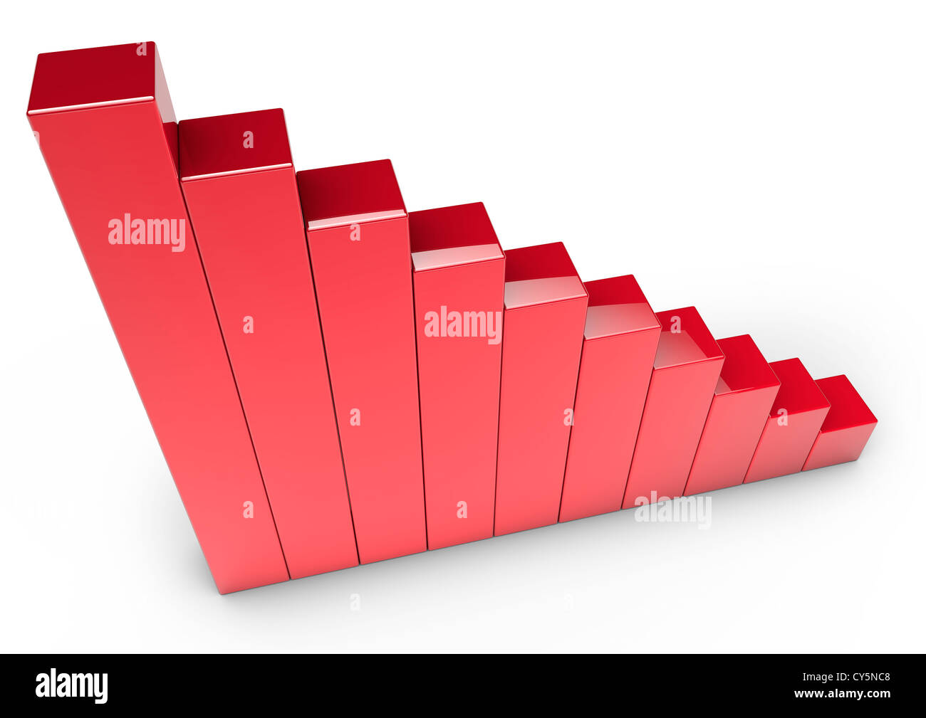 3D render of a series of red shiny blocks forming a descending graph - Concept image Stock Photo
