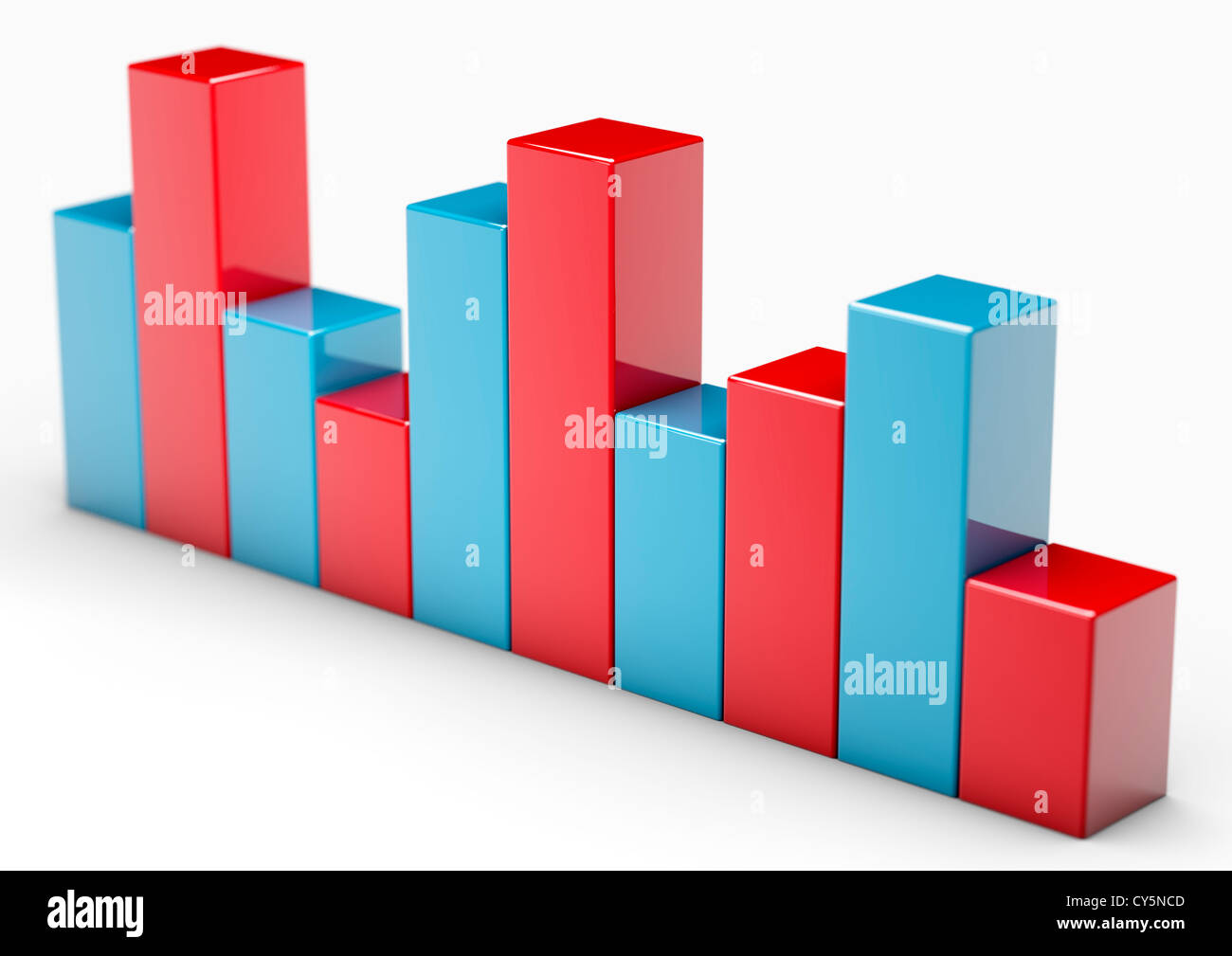 Series of red and blue shiny blocks forming a fluctuating bar graph - 3D render - Concept image Stock Photo