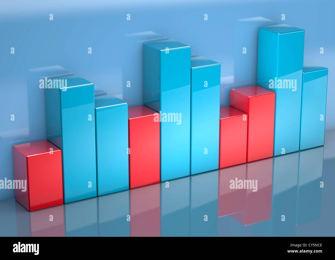 Series of red and blue shiny blocks forming a fluctuating bar graph - 3D render - Concept image Stock Photo