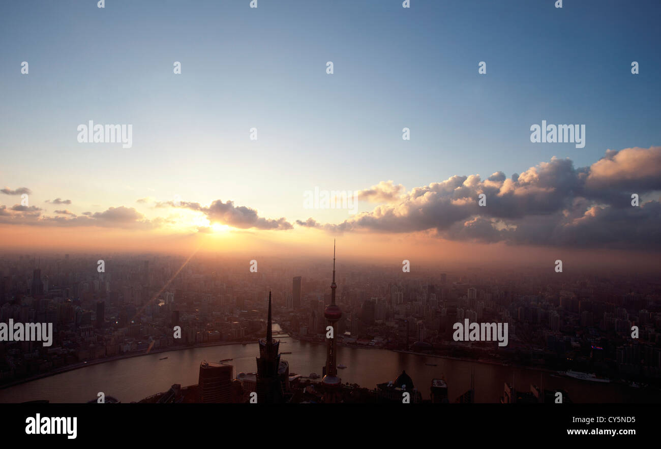 aerial view of shanghai in sunset,china Stock Photo
