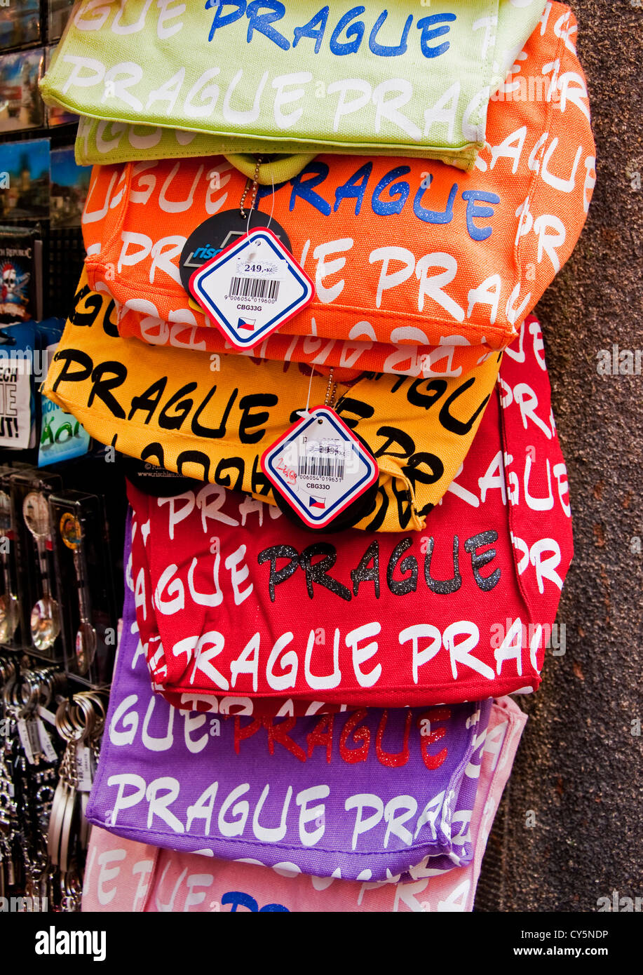 Prague shopping bags in Old Town souvenir shop Stock Photo - Alamy