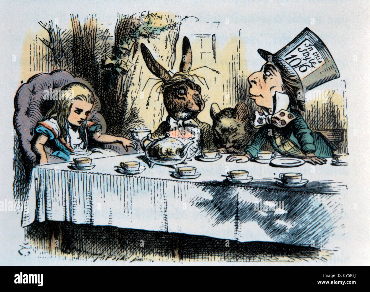 A Mad Tea Party, Alice's Adventure in Wonderland by Lewis Carroll, Hand Colored Illustration, Circa 1865 Stock Photo