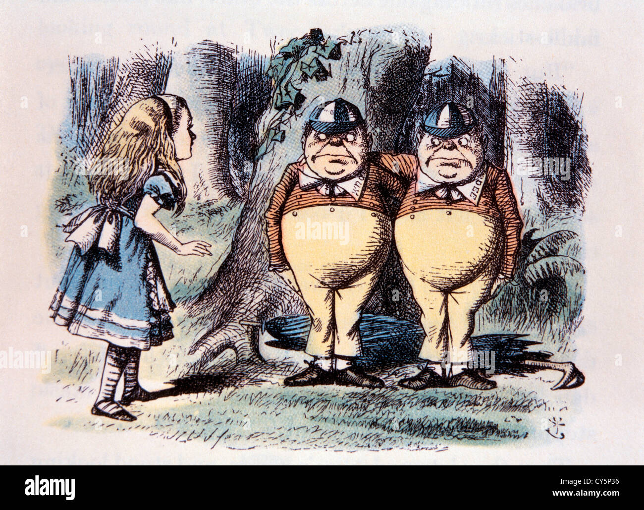 Tweedle Dum And Tweedle Dee, Through the Looking Glass by Lewis Carroll, Hand-Colored Illustration, Circa 1872 Stock Photo