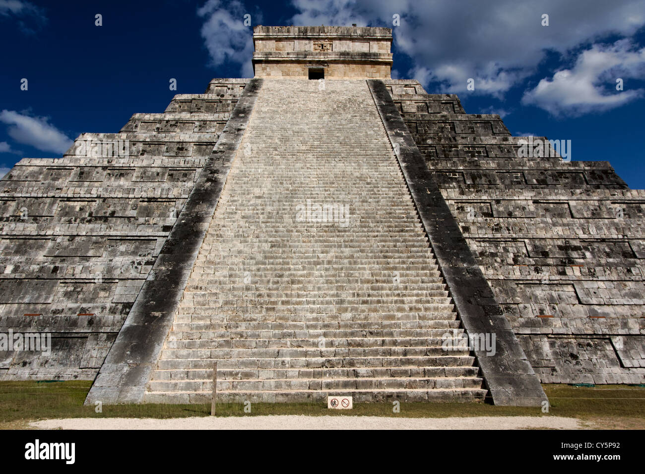 View up the stairs of El Castillo, the Mayan Pyramid to the god Kukulkan, the feathered serpent, at Chichen Itza, Mexico. Stock Photo