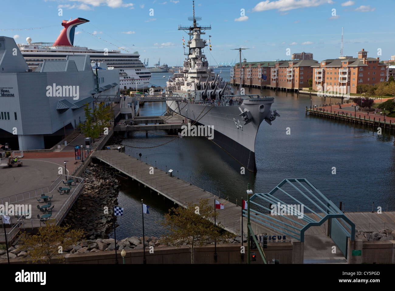 US Navy battleship USS Wisconsin docked at the Nauticus in Norfolk, Virginia, United States Stock Photo