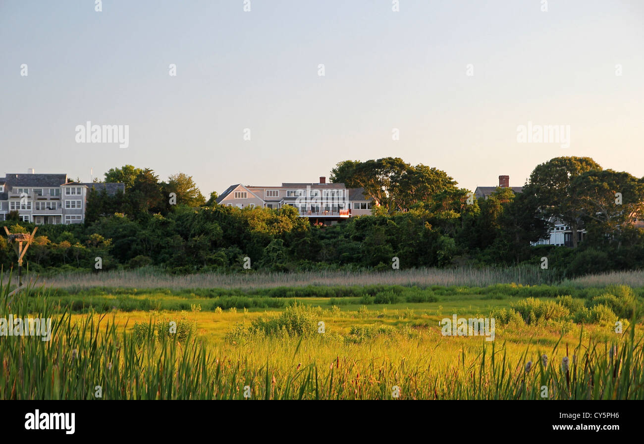 Homes by the marsh near Sandy Neck Beach, Cape Cod, Massachusetts Stock
