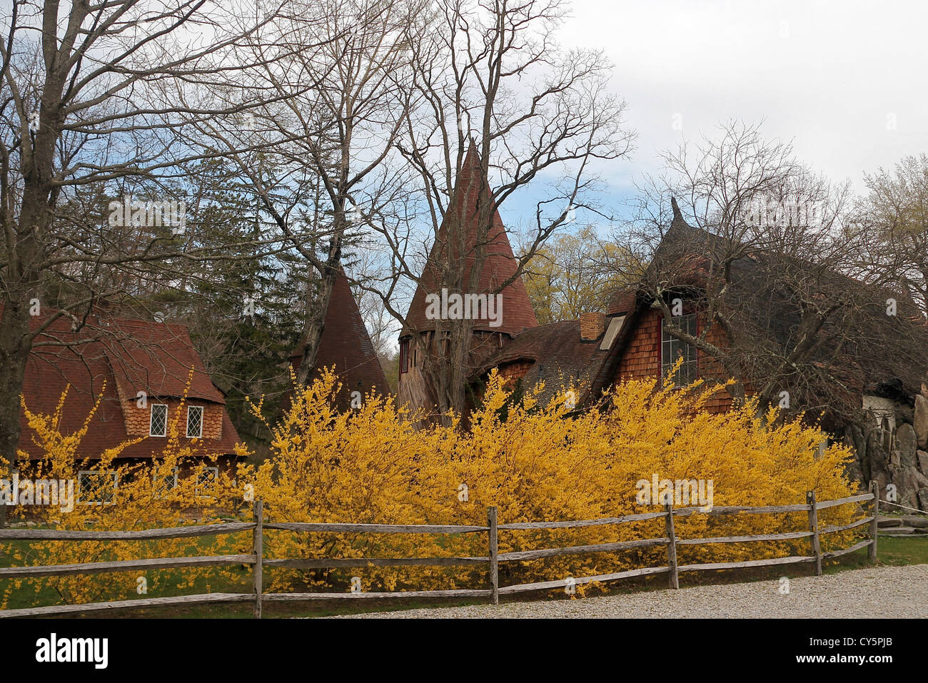 An early spring view of Santarella, 'Tyringham's Gingerbread House,' in Tyringham, Massachusetts. Stock Photo