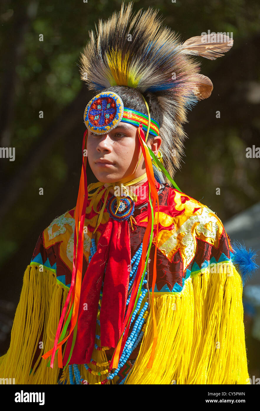Chumash native American teen in a traditional grass dancing Stock Photo