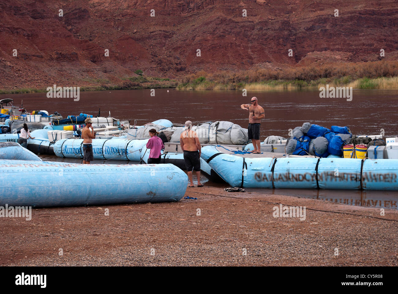 Crews of river rafts getting supplies ready for long trip down the ...