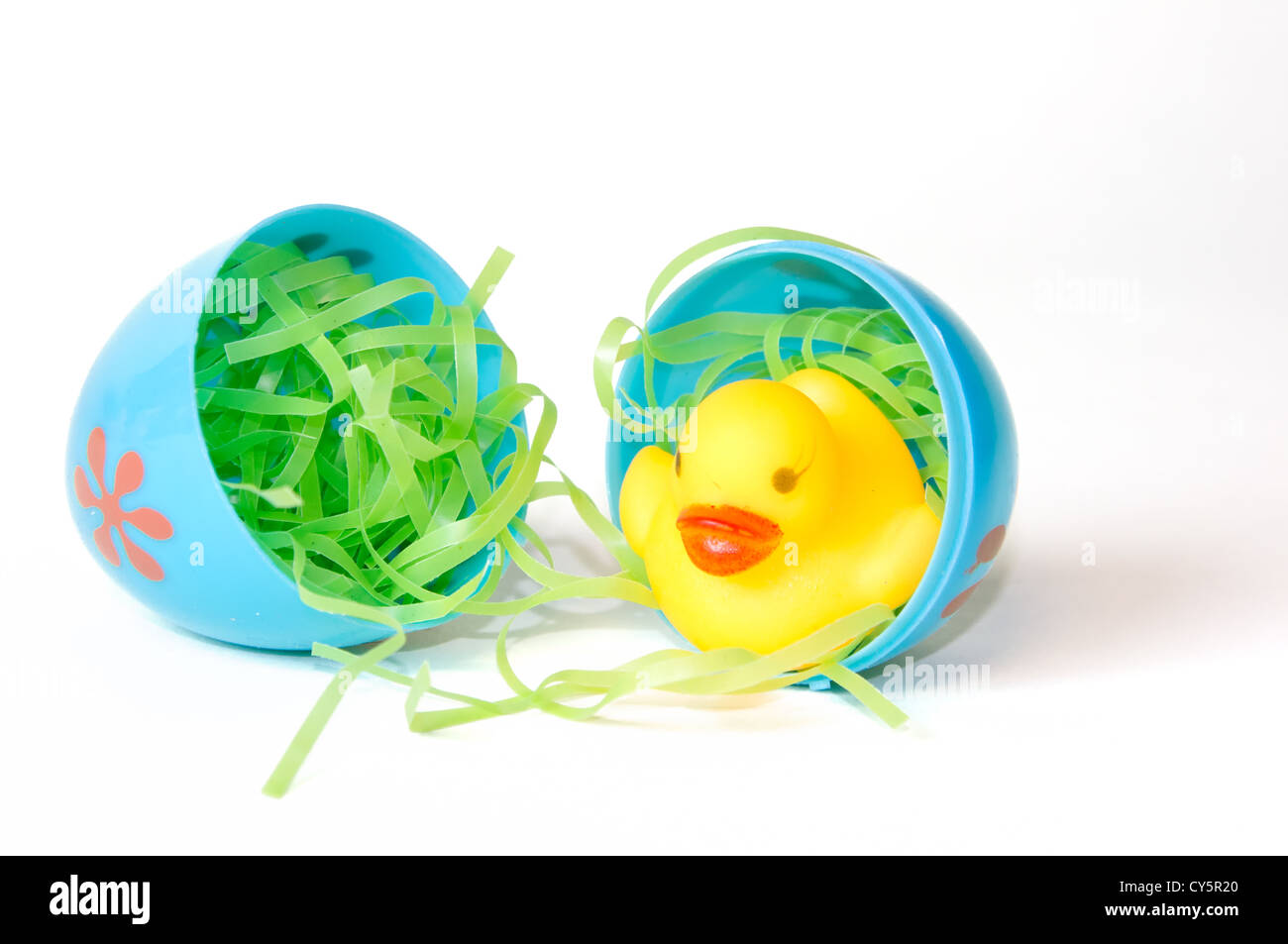 Rubber duck in an opened easter egg on white background Stock Photo