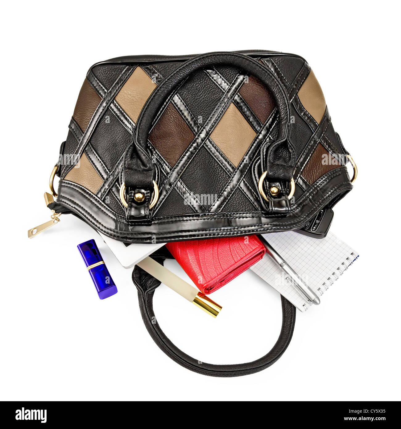 Open ladies leather handbag, red purse, perfume, lipstick, phone