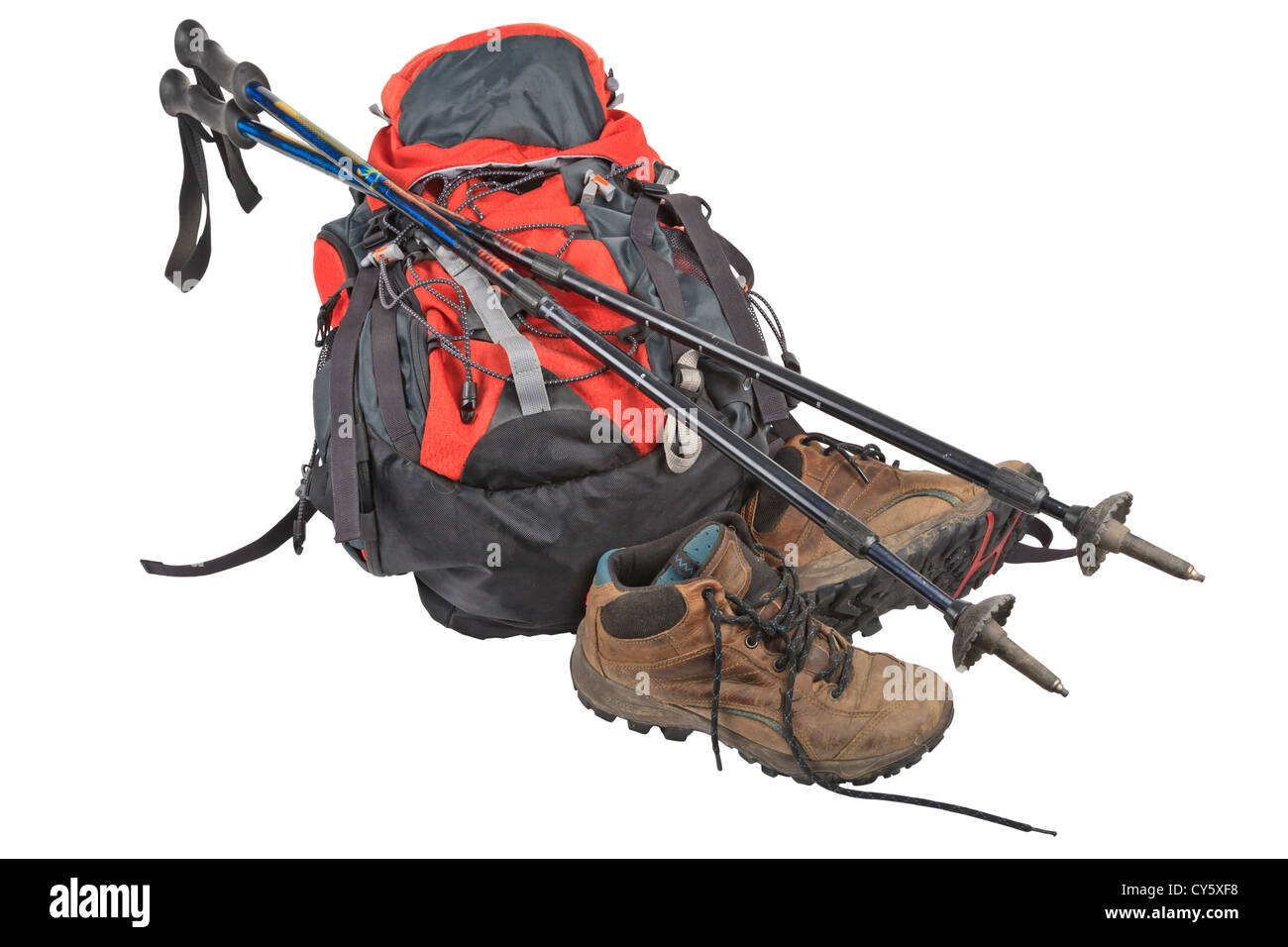 Walking equipment left in a pile, isolated on white with work path