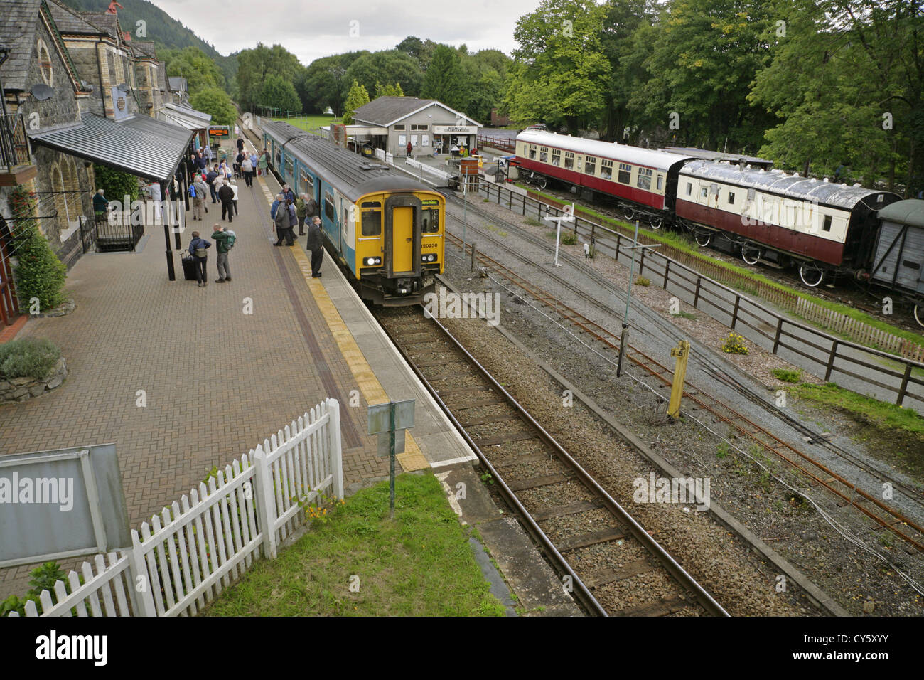 Class 150 diesel multiple unit train at Betws-y-Coed railway station, Conwy, North Wales. Stock Photo