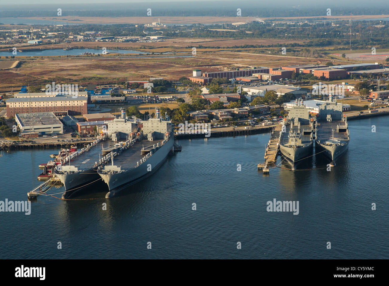 Aerial view of the old Navy Base with supple ships Charleston, South Carolina. Stock Photo