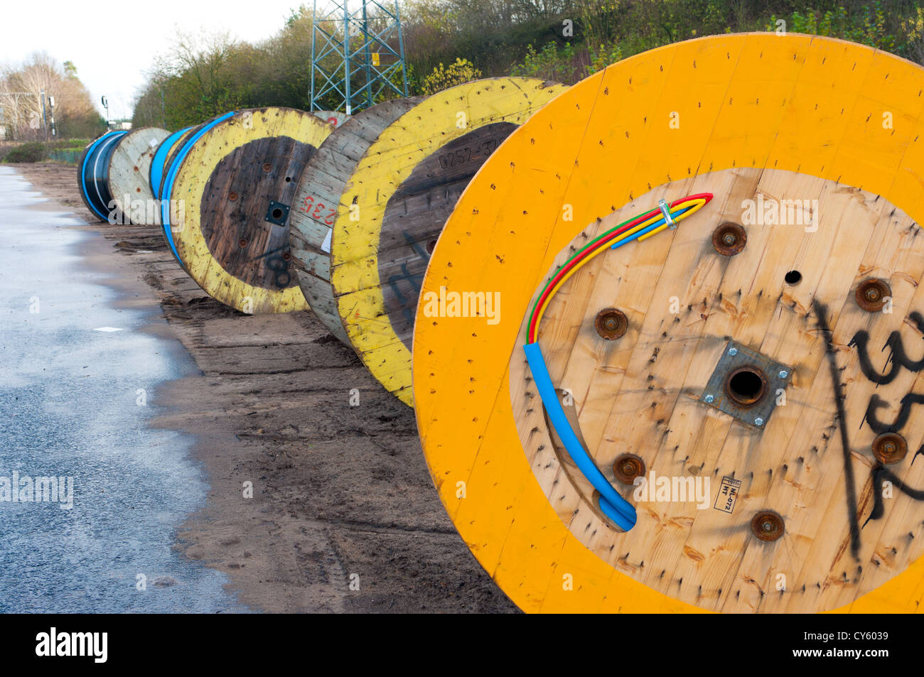 cable drums on a newly built industrial area Stock Photo