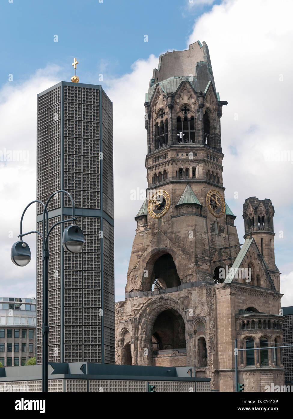 ruins of the Kaiser Wilhelm Memorial Church in Berlin, destroyed by World War II bombing and preserved as a memorial Stock Photo