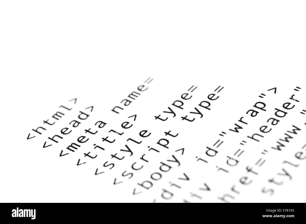 HTML script printed on white paper with shallow depth of field Stock Photo