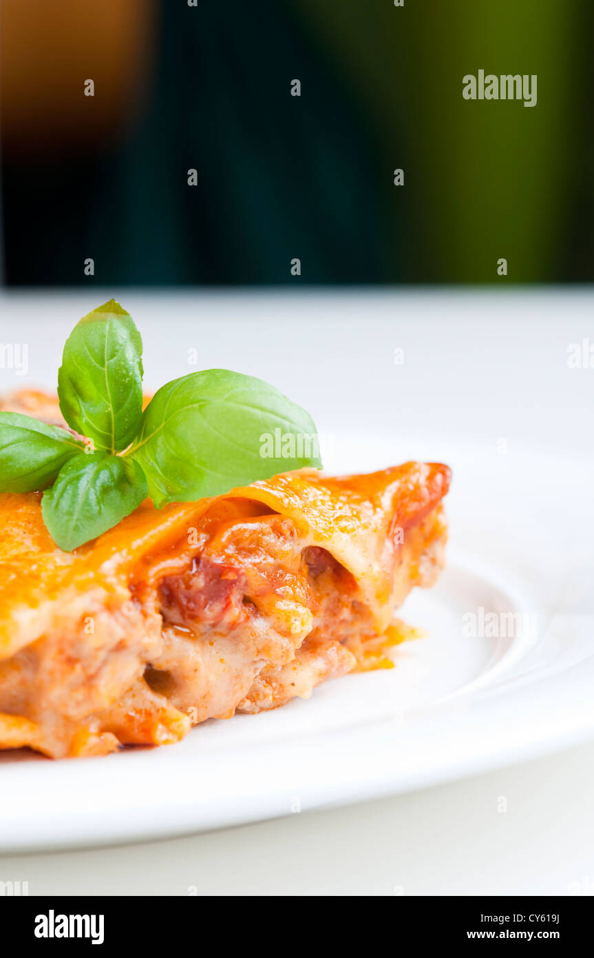Freshly baked lasagne with fresh basil on top Stock Photo Alamy
