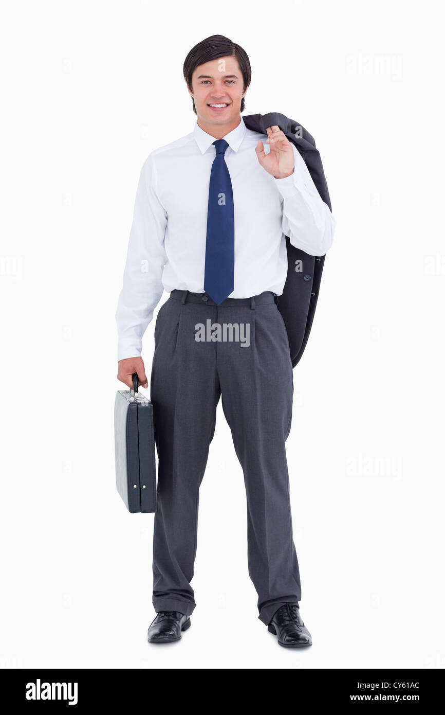 Smiling tradesman with suitcase and jacket Stock Photo Alamy