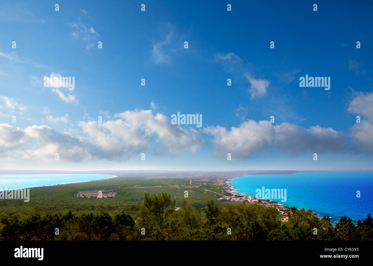 Aerial formentera view with north and south beach unde blue sky Stock Photo