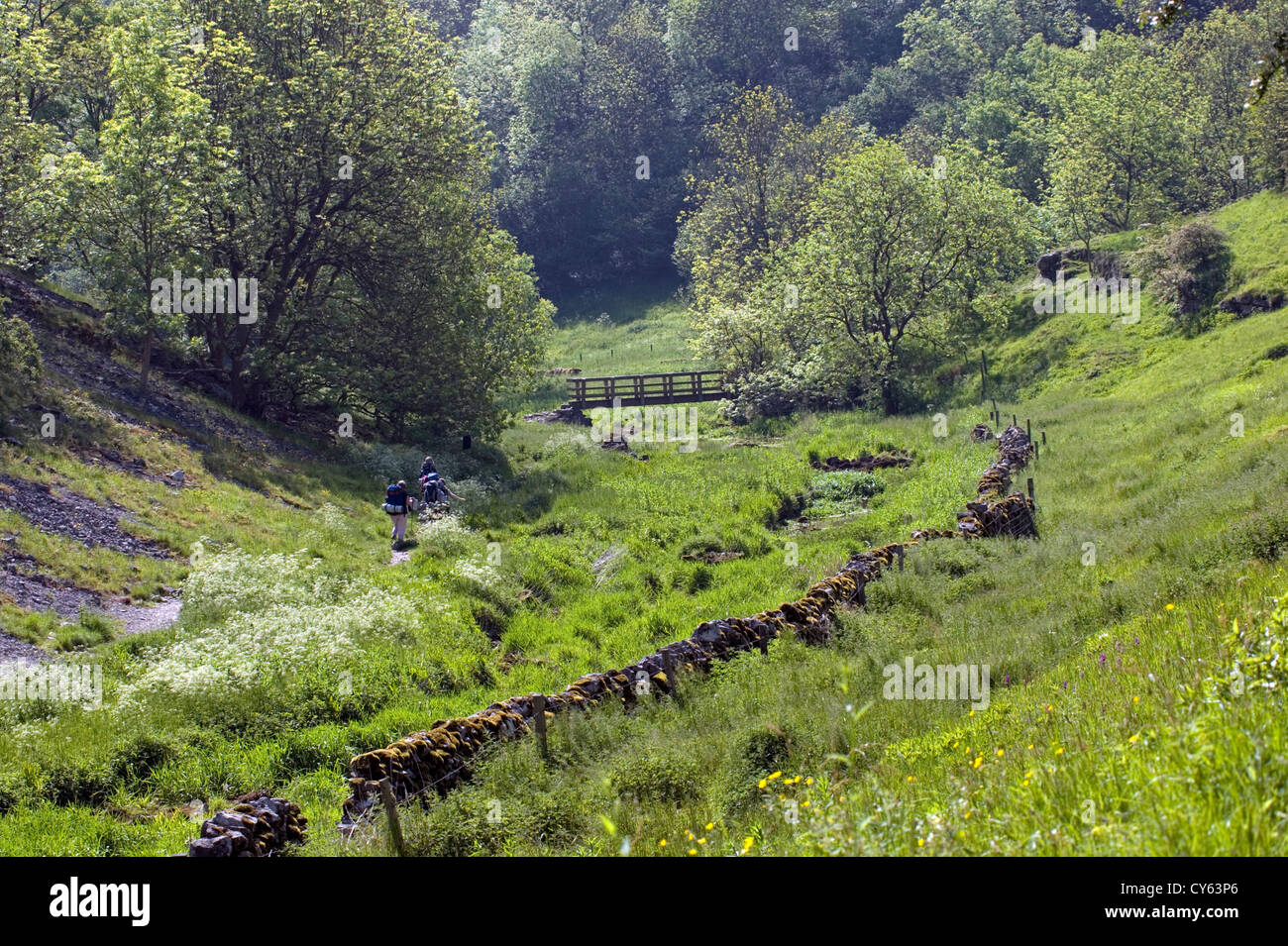 Hikers in Lathkill Dale, Derbyshire Stock Photo