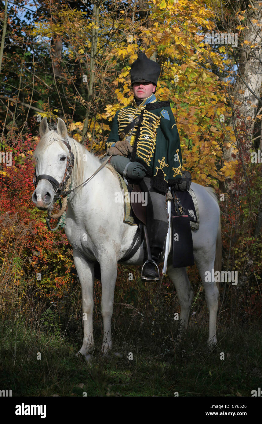 Hussar (Prussian hunter) during a reenactment of the Battle of Leipzig or Battle of the Nations 1813 at Leipzig, Germany. Stock Photo