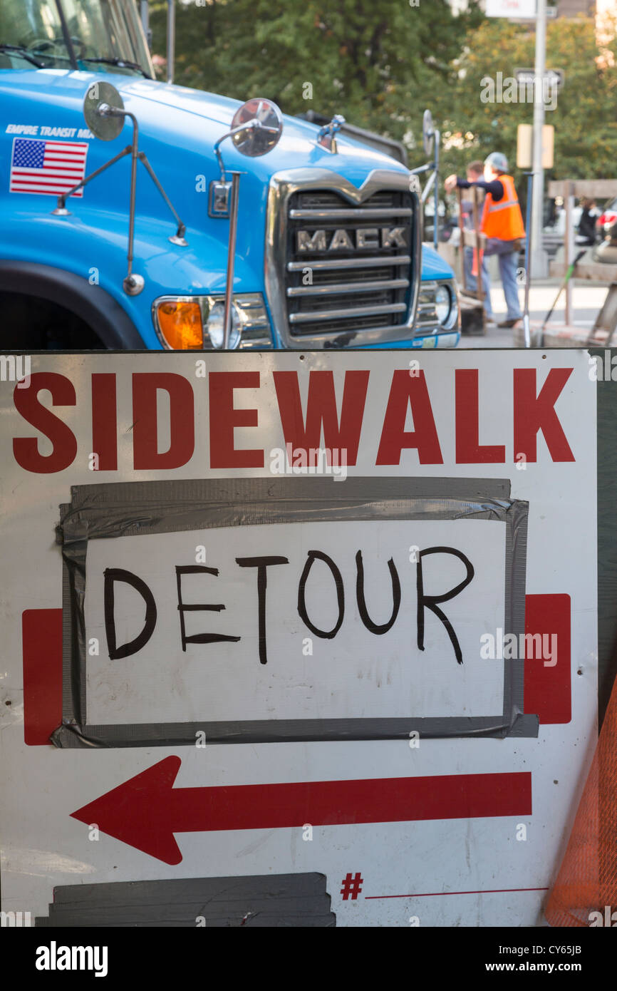 sidewalk detour sign, Broadway and 76th street, Manhattan, New York City, USA Stock Photo