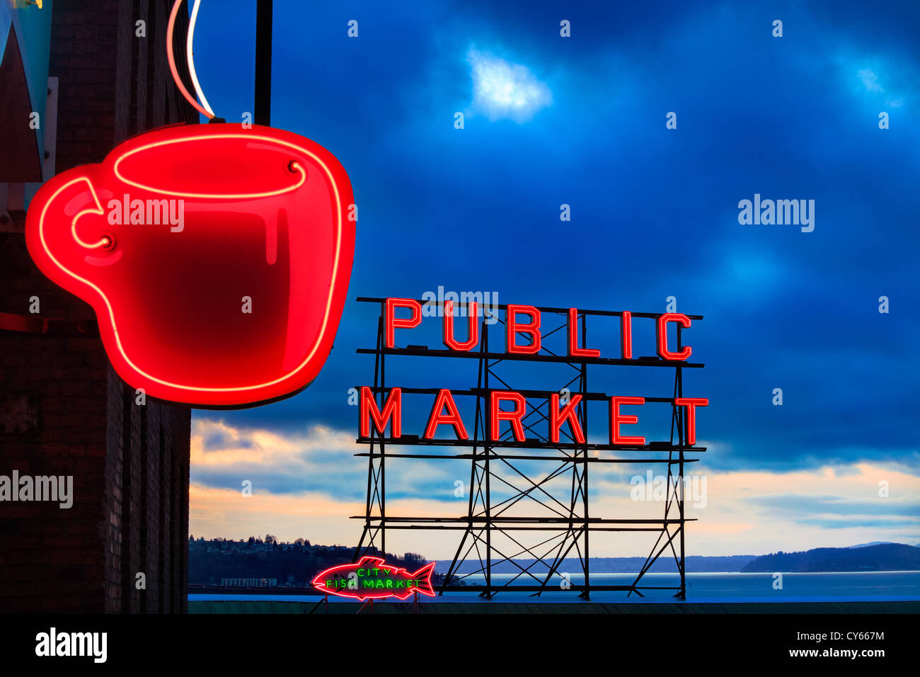 Neon signs at Pike Place Market in Seattle Stock Photo