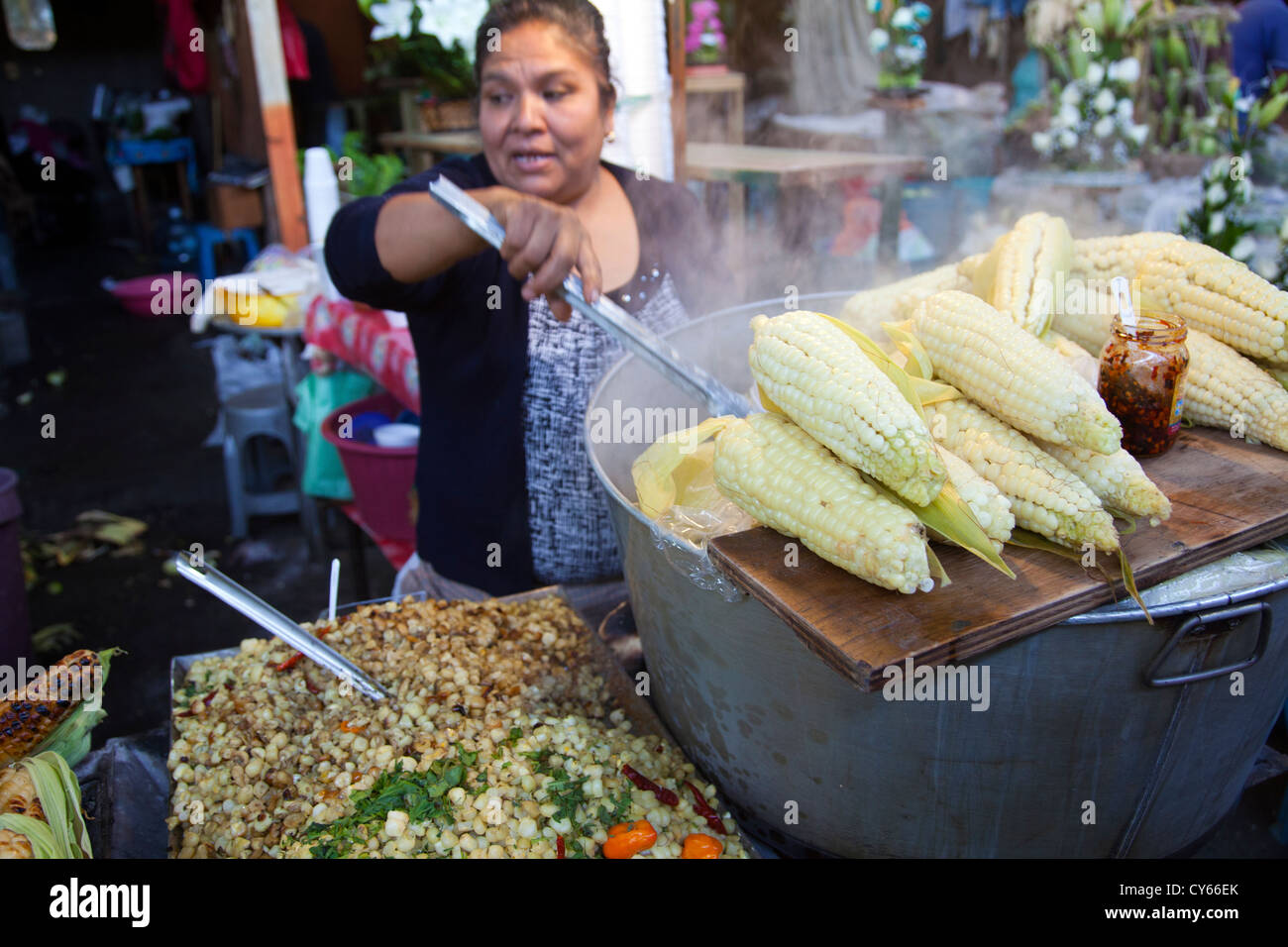 Steamed Large Whole Corn on the Cob and Esquites bottom left at Jamaica
