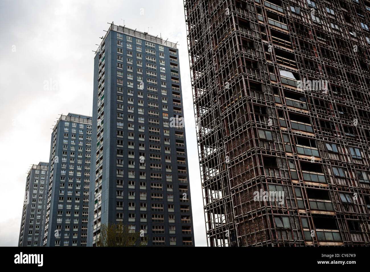 Demolition or deconstruction of the The Red Road flats in Glasgow showing the structure or skeleton of the tower. Stock Photo