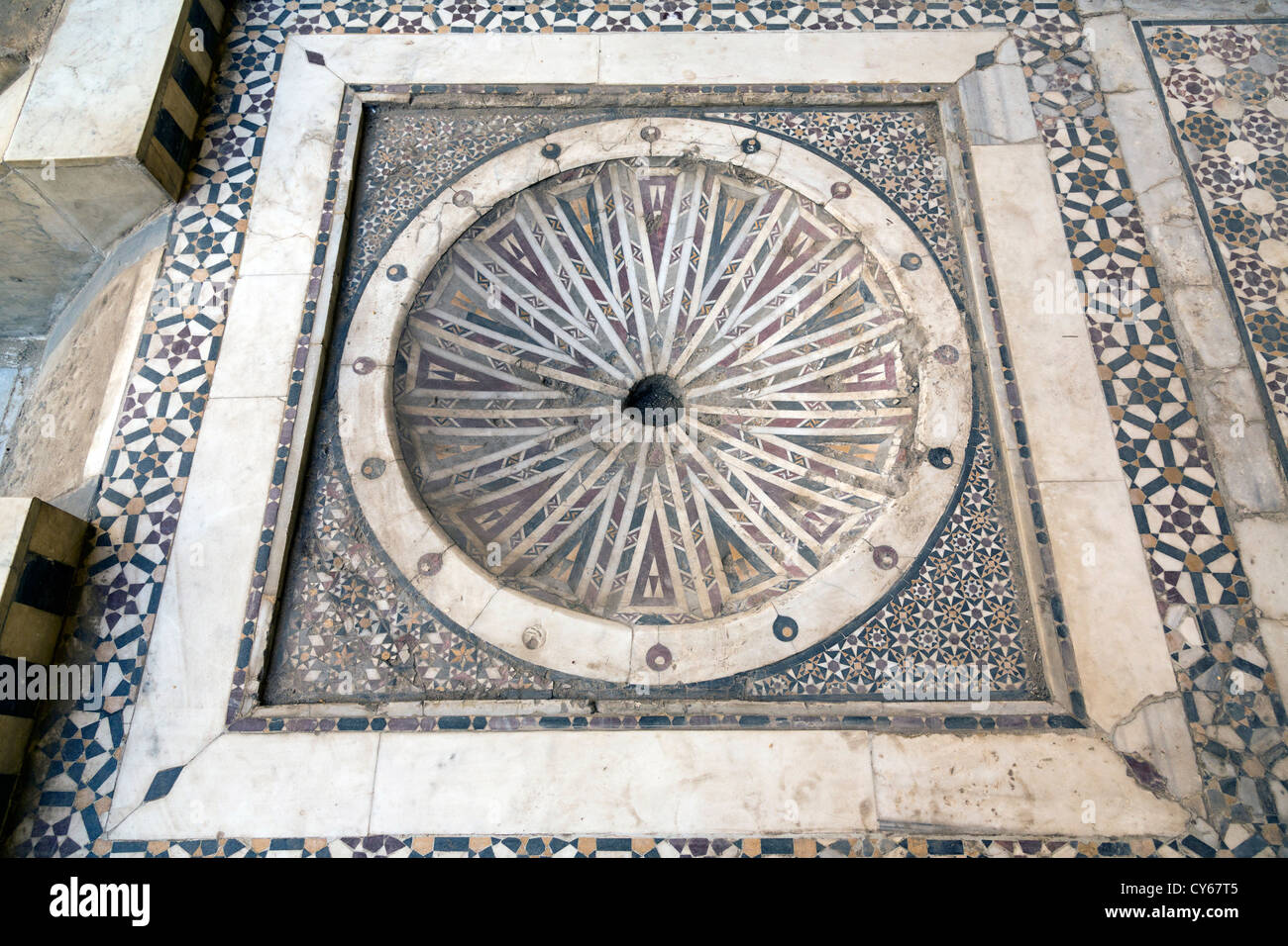 Detail of the inlaid marble basin, Complex of Qalawun, Cairo, Egypt Stock Photo