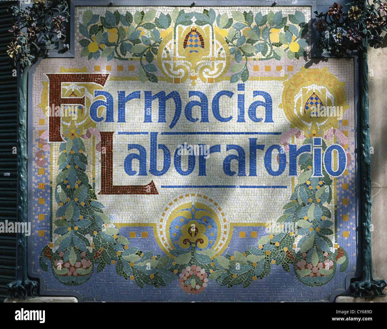 Spain. Catalonia. Barcelona. Mosaic. Catalan modernism. Pharmacy, laboratory. Facade. Bruc street. Stock Photo