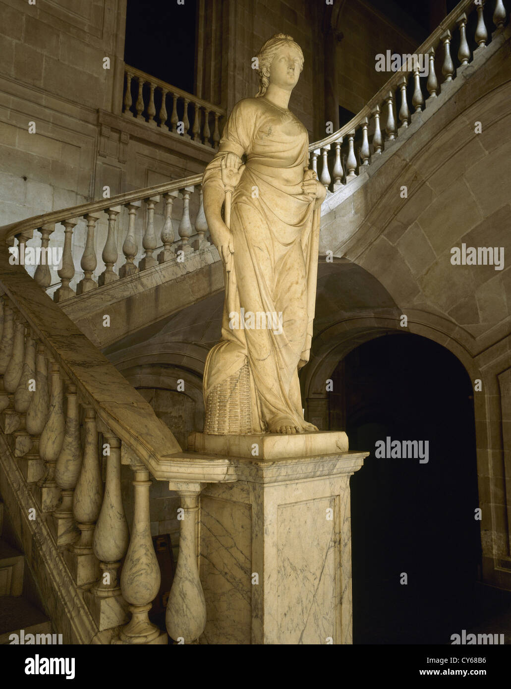 The Industry. 1802. Allegorical sculpture by Salvador Gurri Corominas (1749-1819). Staircase at Casa Llotja de Mar. Marble. Stock Photo