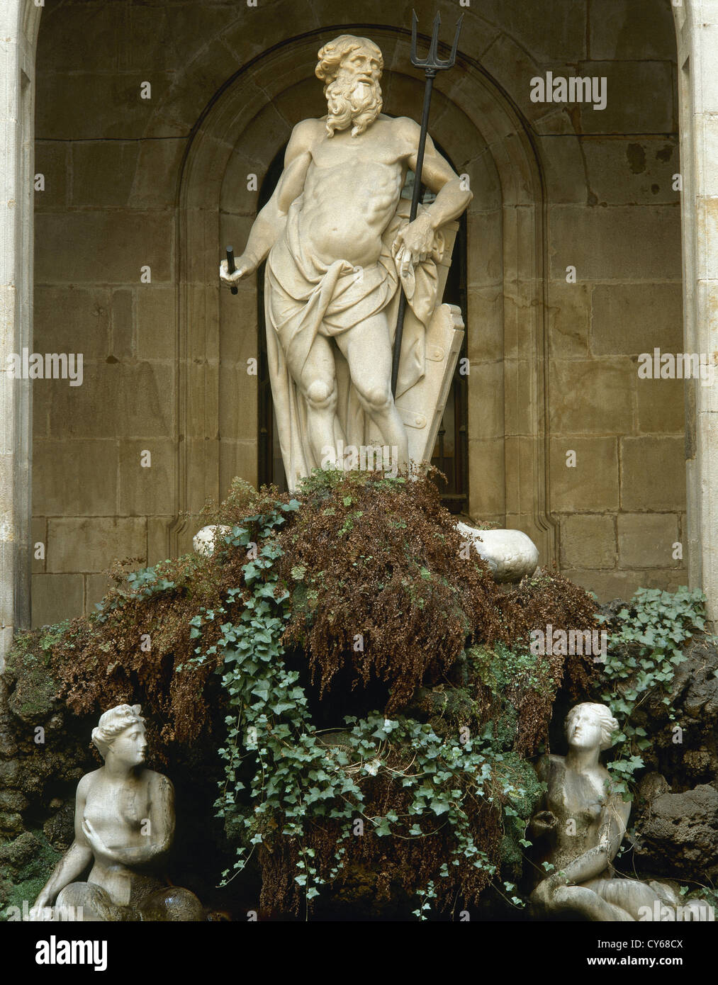 Spain. Barcelona. Statue of Neptune by Nicolau Trave. 18th Century. Neoclassical style. Fountain. La Llotja. Stock Photo