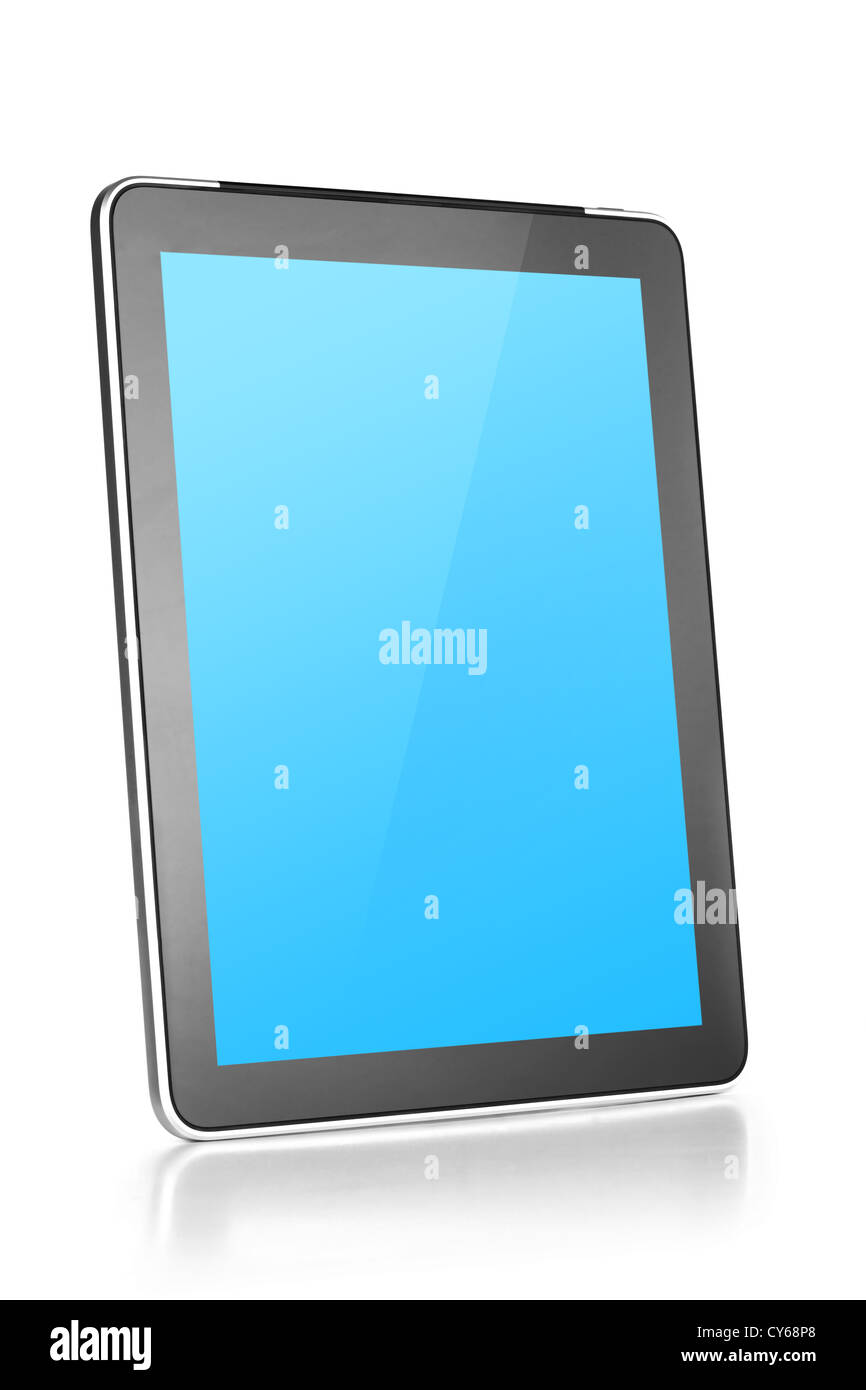 Touch screen tablet computer with blue background. Isolated on white