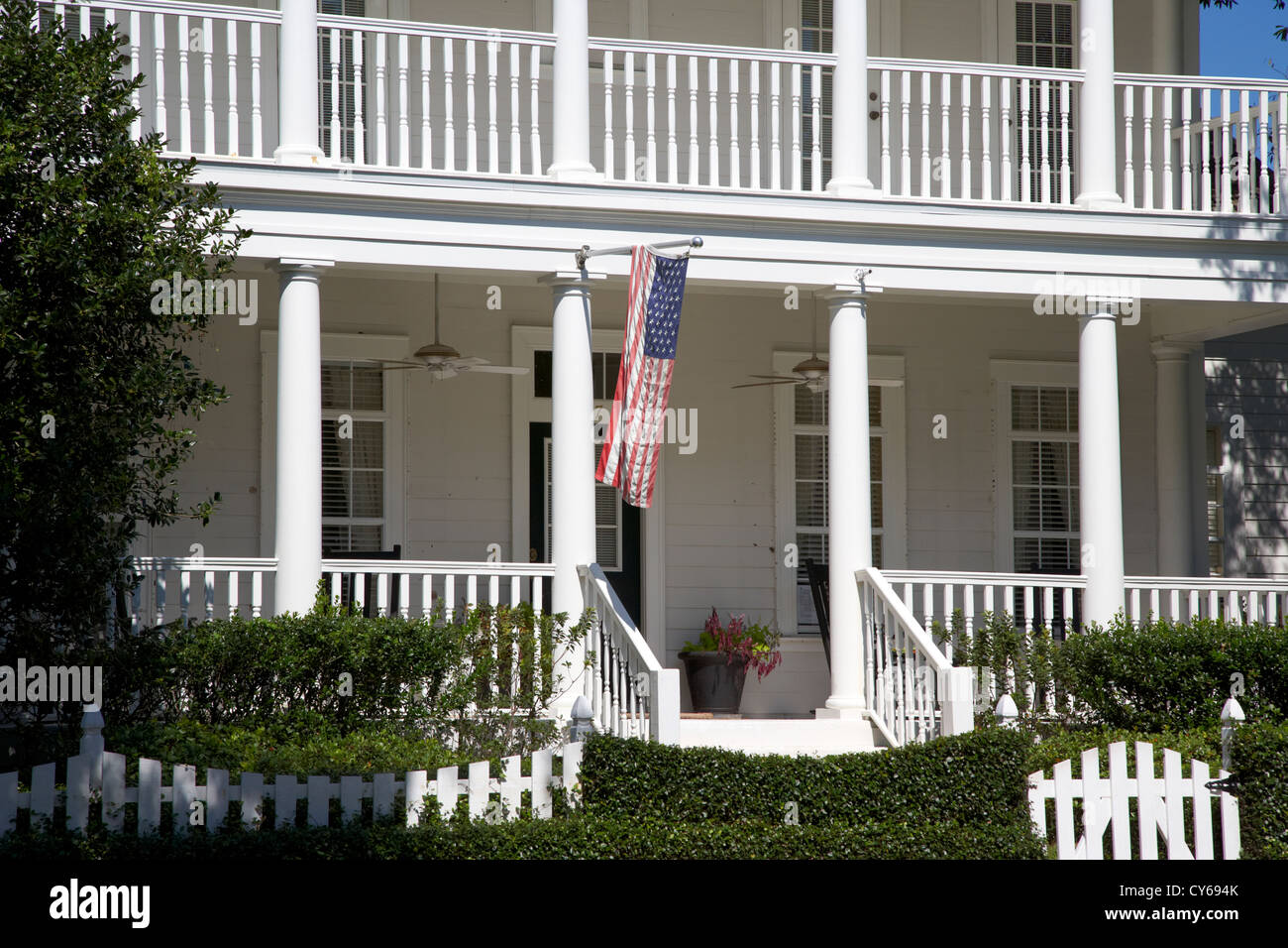 large residential american home flying american flag in celebration florida usa Stock Photo
