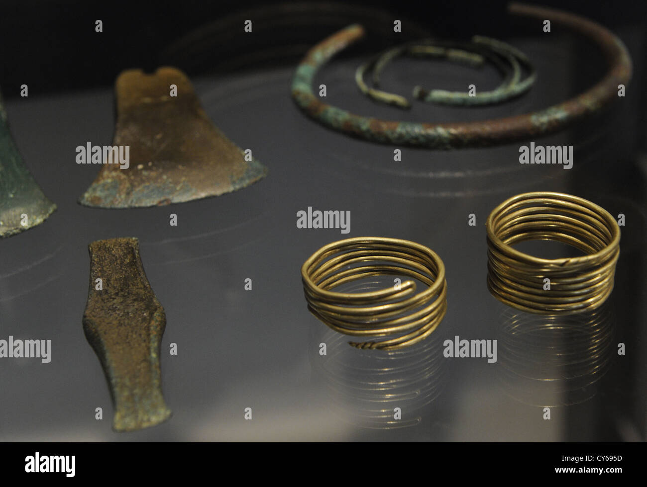 Local made and imported objects from Skeldal, central Jutland. Bracelets, axes and necklaces. 2000-1700 BC. Stock Photo