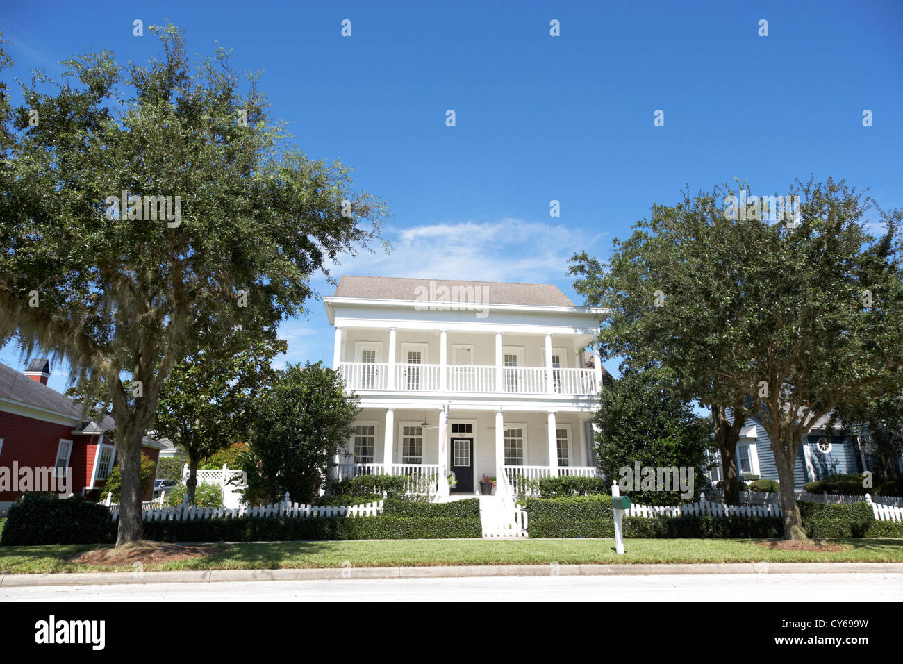 large residential american two storey white picket fence home in celebration florida usa Stock Photo