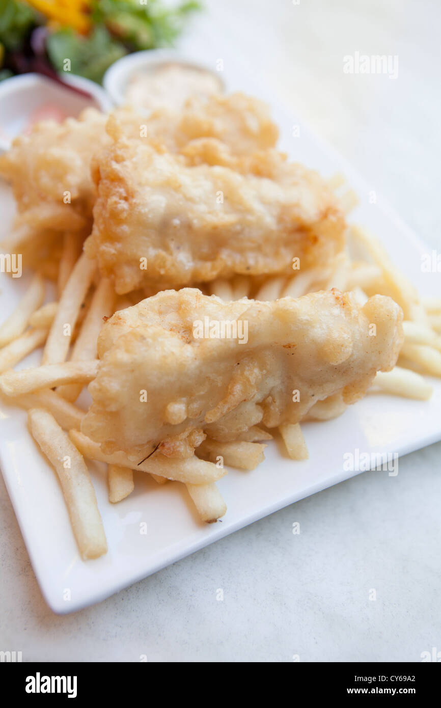 Tempura fish and chips from the Deck bar in Darwin, Northern Territory, Australia Stock Photo