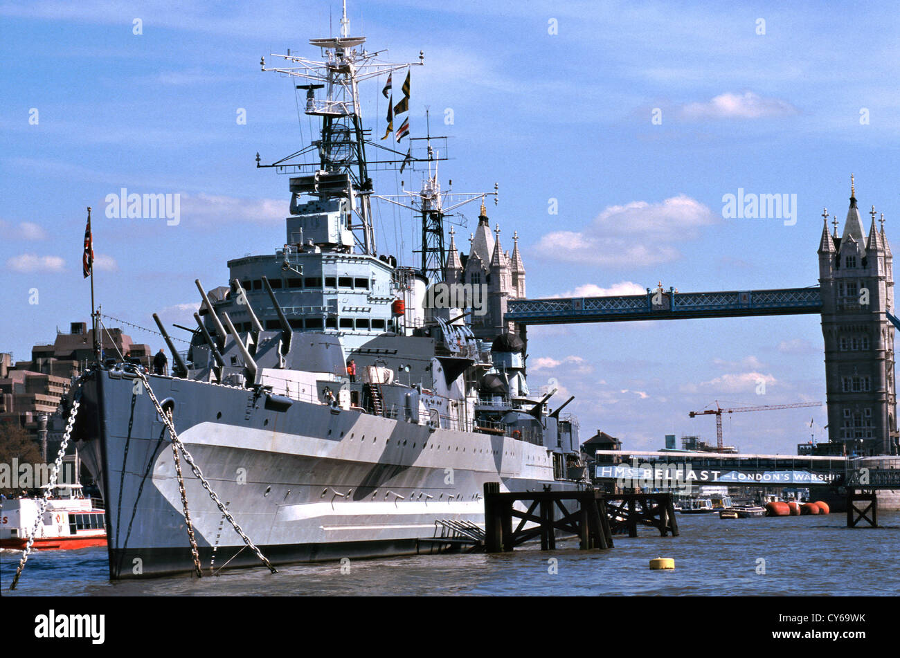 UNITED KINGDOM HMS Belfast is a museum ship,  a Royal Navy light cruiser, C35 permanently moored in London on the River Thames . Stock Photo