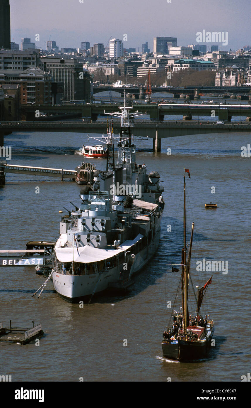 UNITED KINGDOM HMS Belfast is a museum ship,  a Royal Navy light cruiser, C35 permanently moored in London on the River Thames . Stock Photo