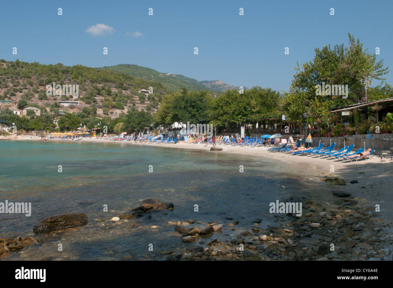 Thassos, Greece. Greek island. September. View toward the beach from the penninsula at Alyki or Aliki. Stock Photo