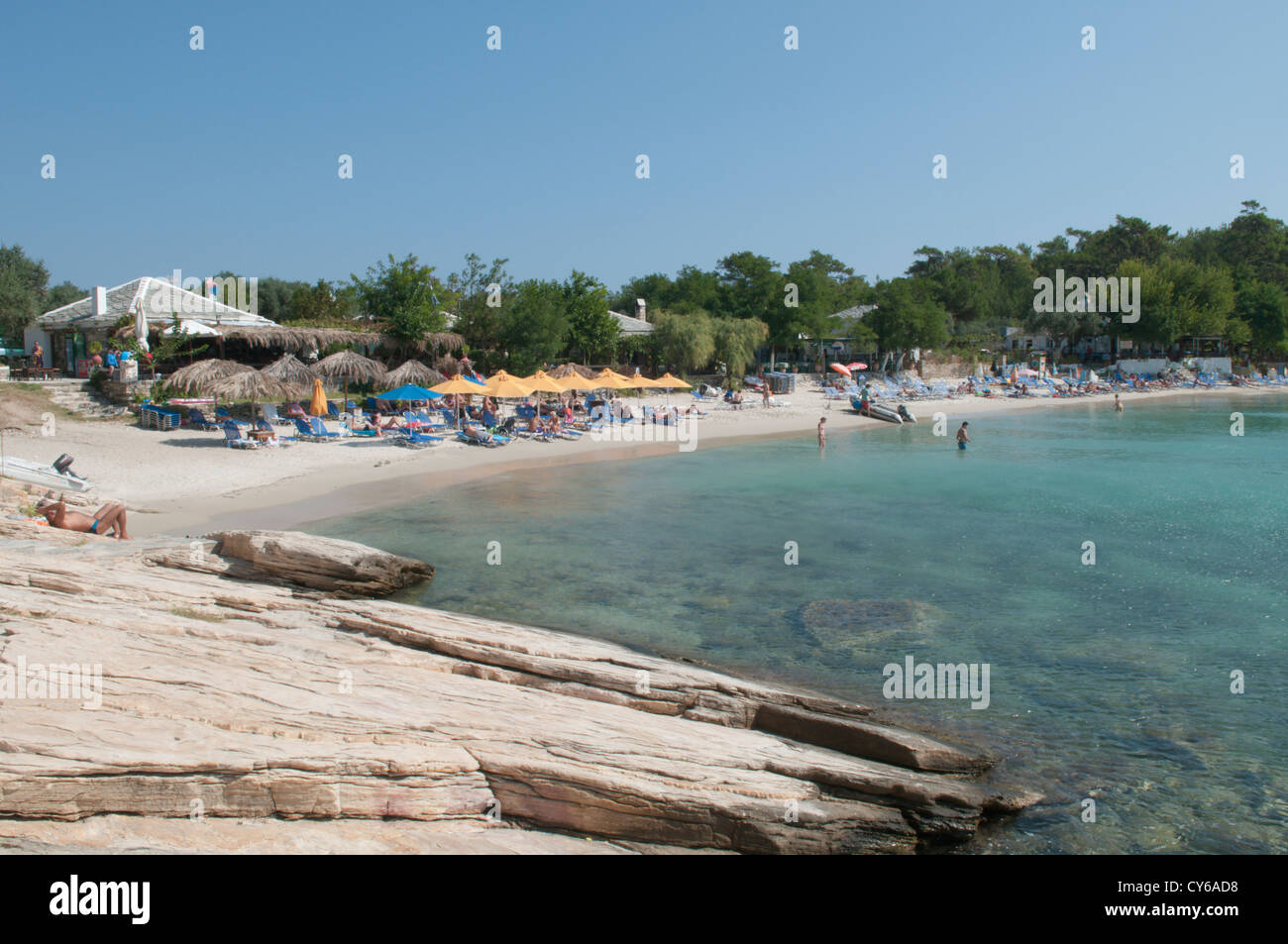 Thassos, Greece. Greek island. September. The west beach at Alyki or Aliki. Stock Photo