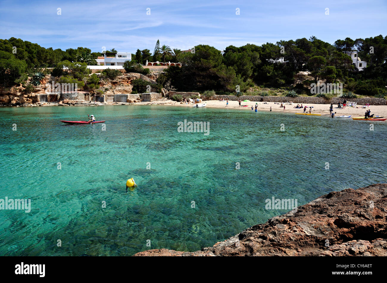 Kayak in Cala Gracio. Ibiza, Balearic Islands, Spain Stock Photo
