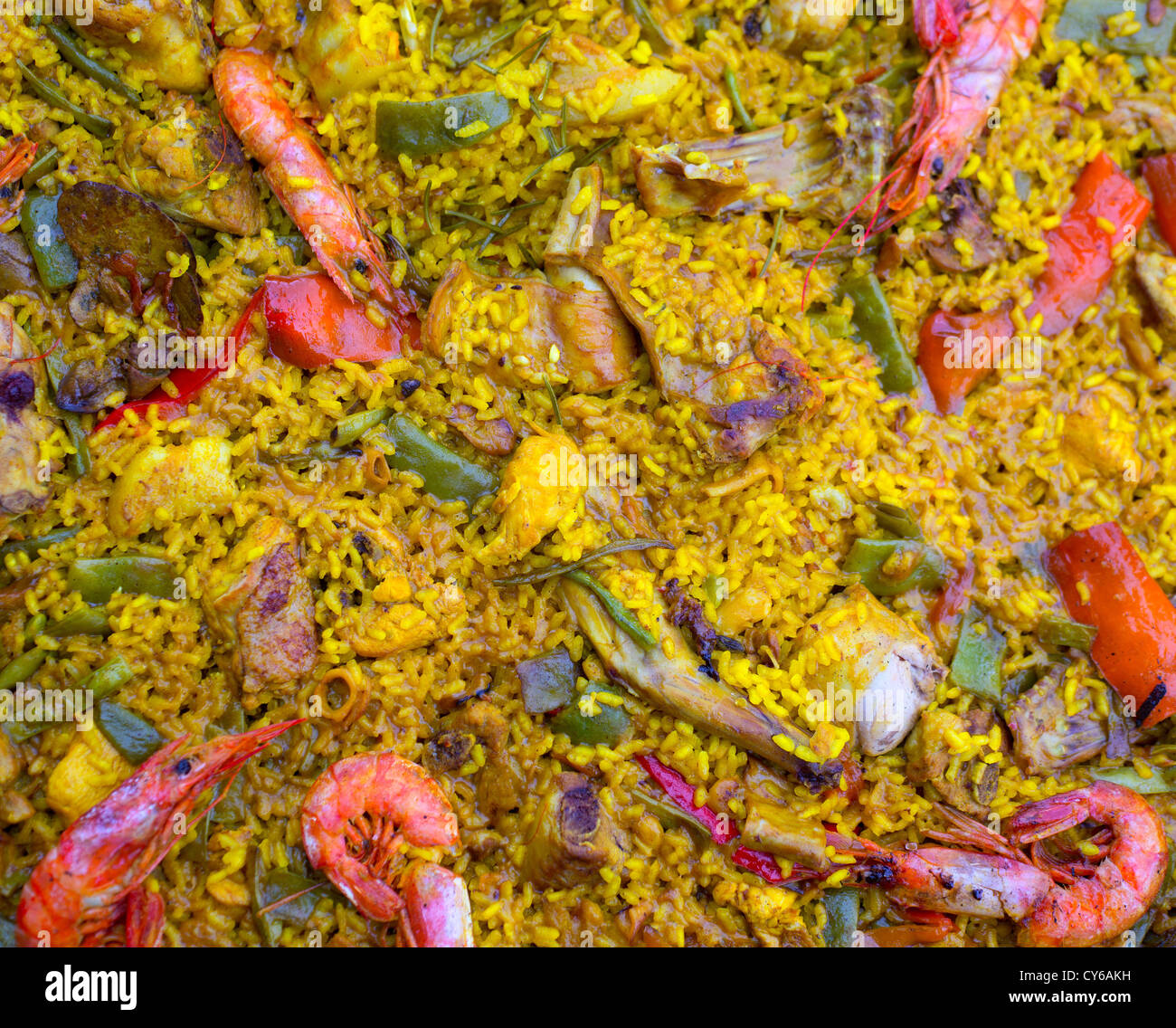 Spanish rice paella mixed of meat and seafood in Valencian community