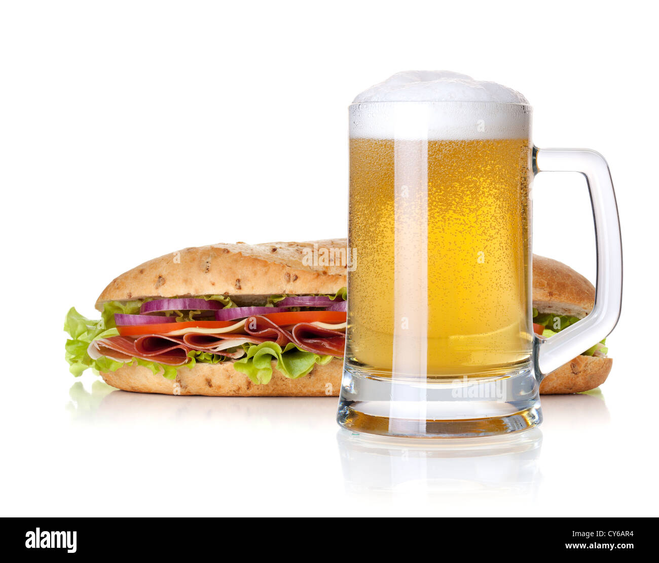 Cold lager beer glass and long sandwich. Isolated on white background