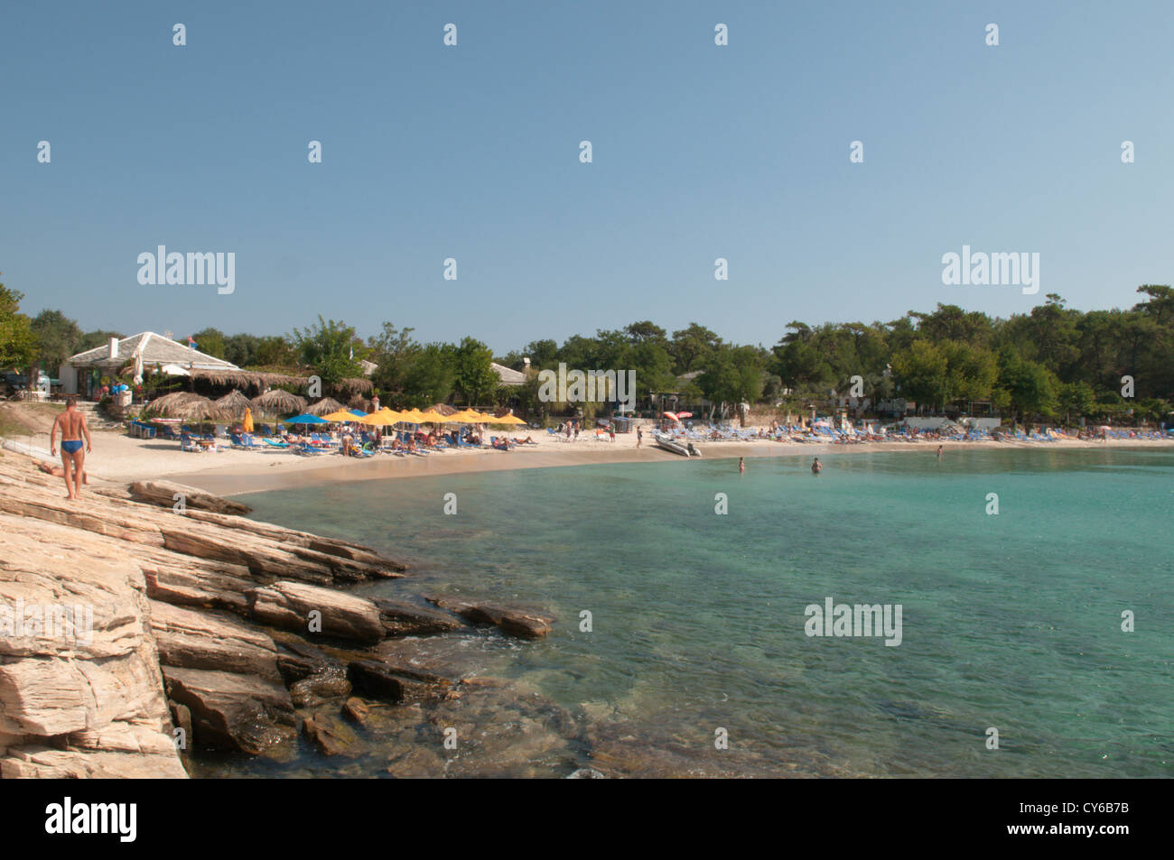 Thassos, Greece. Greek island. September. The west beach at Alyki or Aliki. Stock Photo