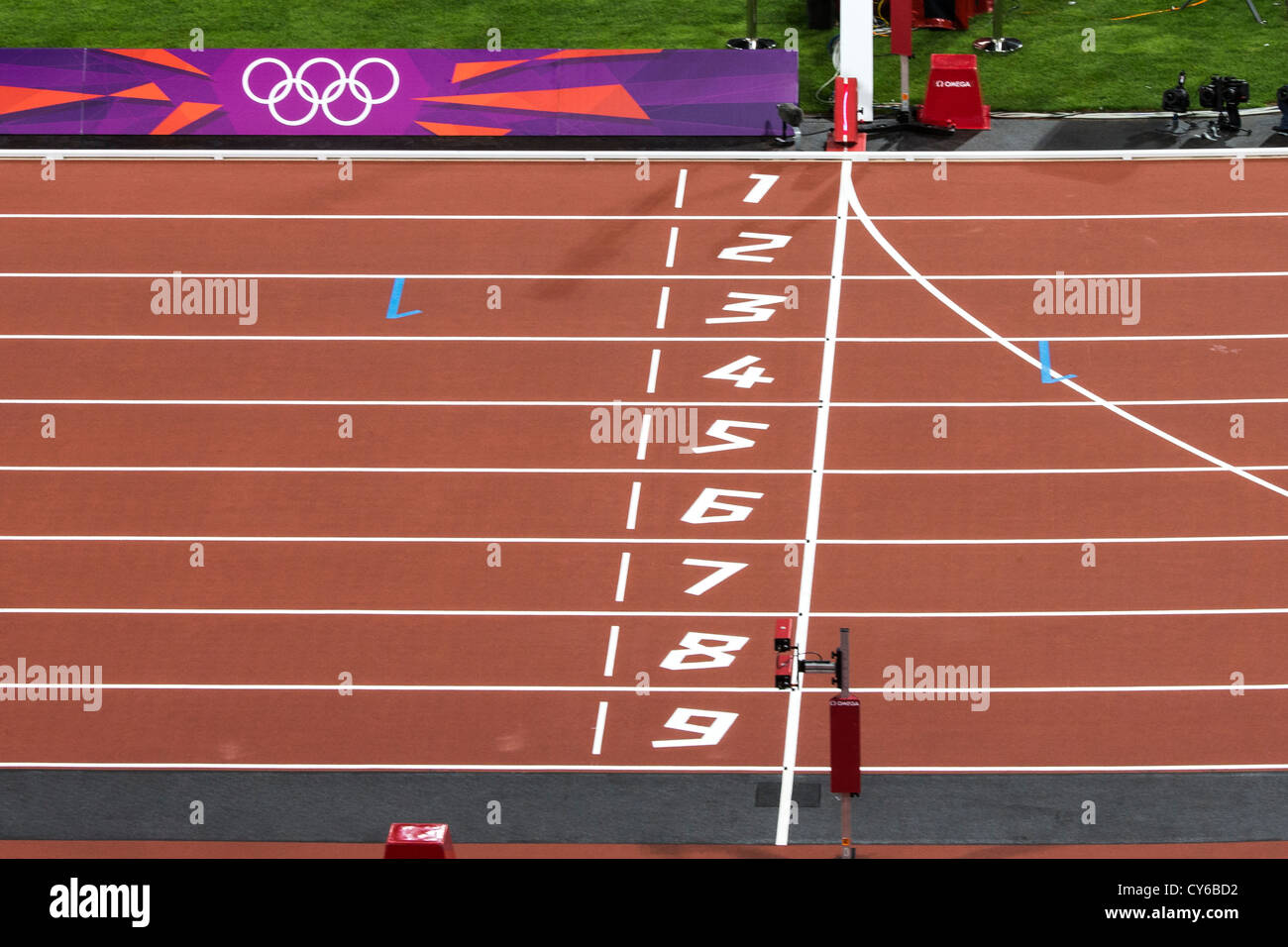 Track and field finish line at the Olympic Summer Games, London 2012 Stock Photo